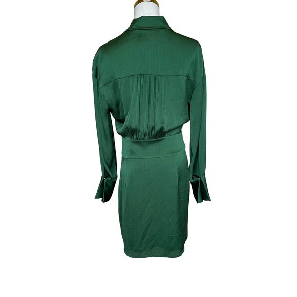 BA&SH Green Mini Shirt Dress XS Wrap Designer Cocktail Satin Ruched Holiday $340 - Picture 10 of 12